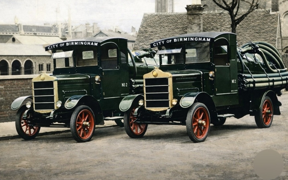 Modern colour reconstruction showing two historic City of Birmingham Halley municipal vehicles