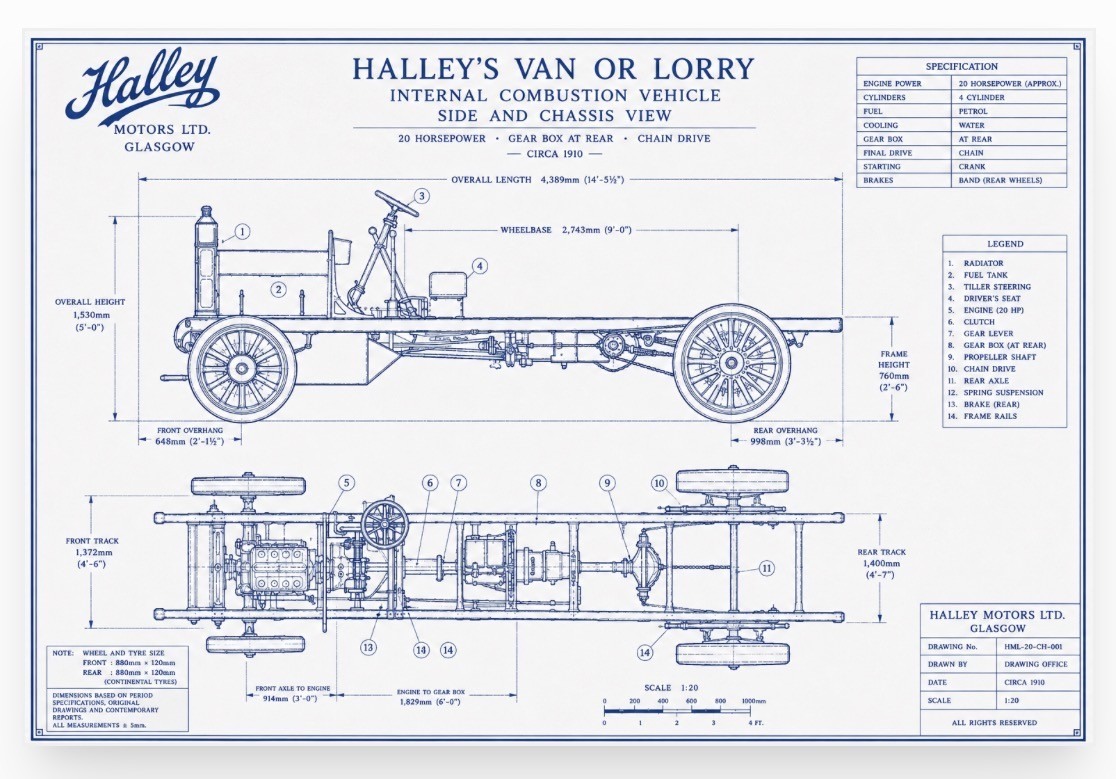 Modern reconstructed engineering drawing of an early Halley van or lorry chassis