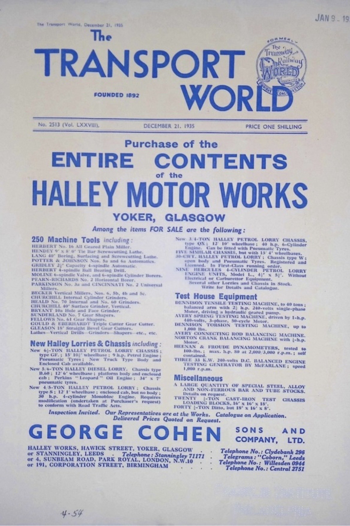 1935 Transport World notice advertising the sale of the contents of the Halley Motor Works at Yoker