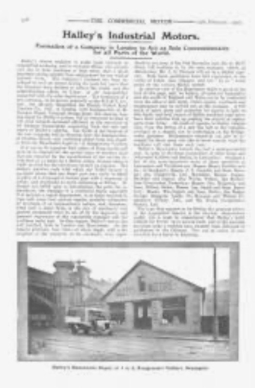 Period Commercial Motor feature on Halley's Industrial Motors including a photograph of the Manchester depot
