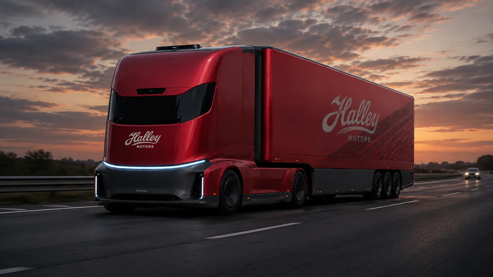 Photorealistic crimson Halley autonomous long-haul freight concept on a motorway