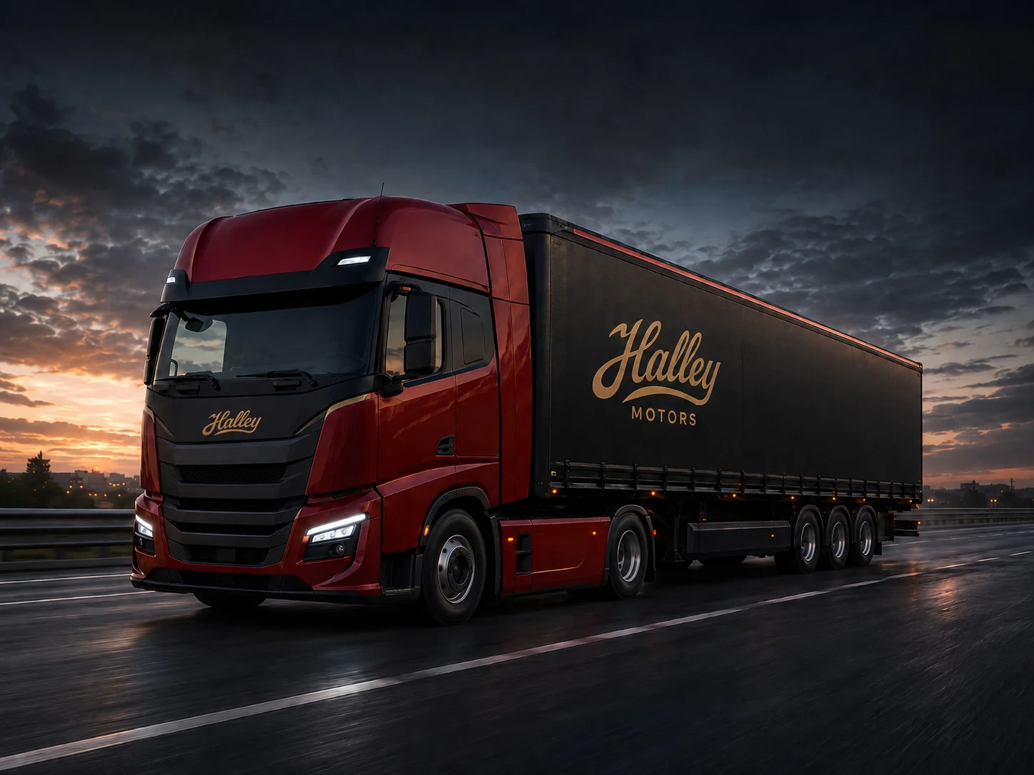Photorealistic Halley intelligent electric-assist trailer behind a conventional diesel tractor unit