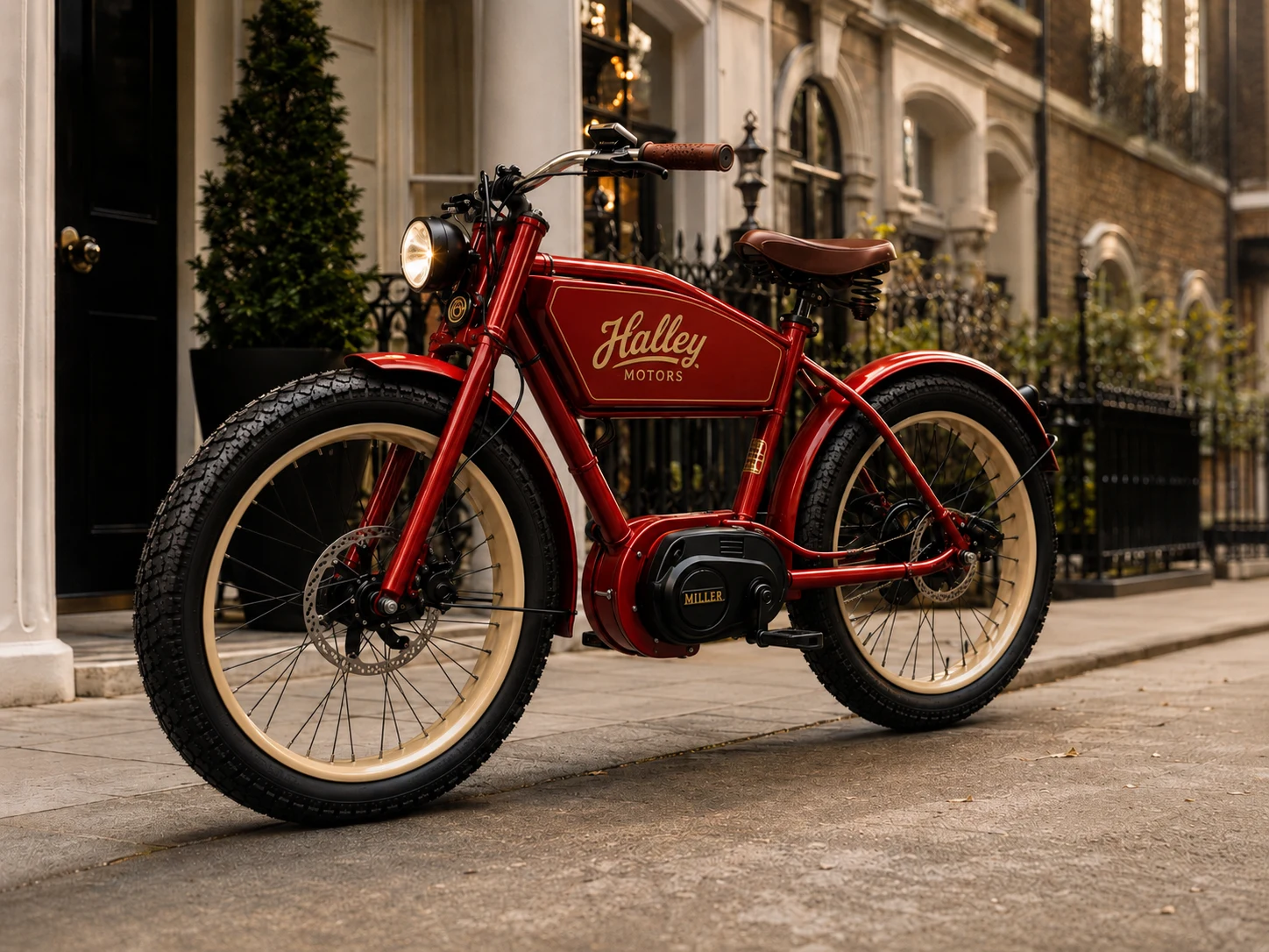 Crimson heritage-inspired Halley urban electric bike concept on a London street