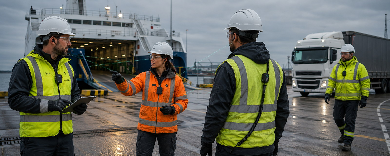 Halley Smart PPE concept illustrating connected worker communication and data at a ferry port
