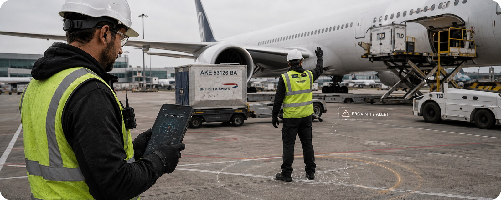 Halley Smart PPE concept illustrating impact and emergency response in an airport ground-operations environment